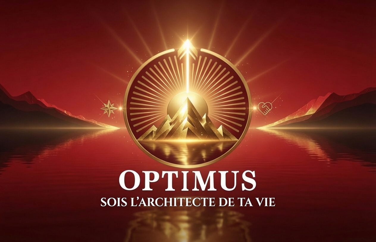 Logo Optimus Coach : montagne dorée rayonnante sur fond rouge sombre